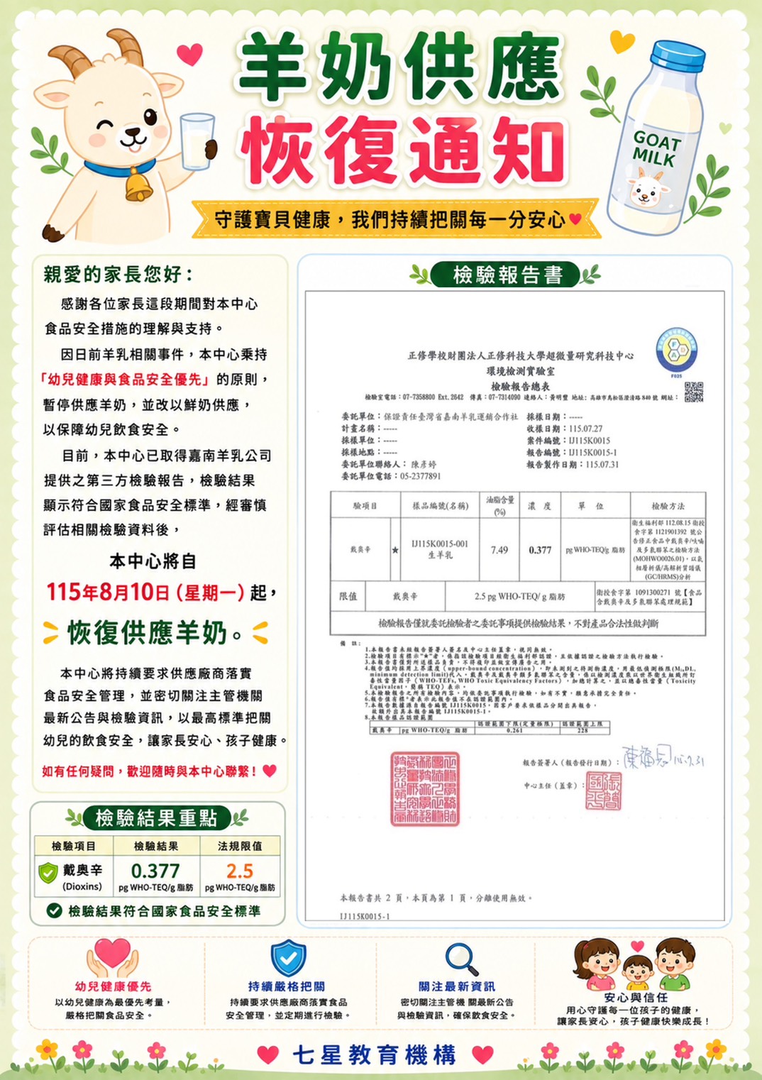 羊奶供應 恢復通知