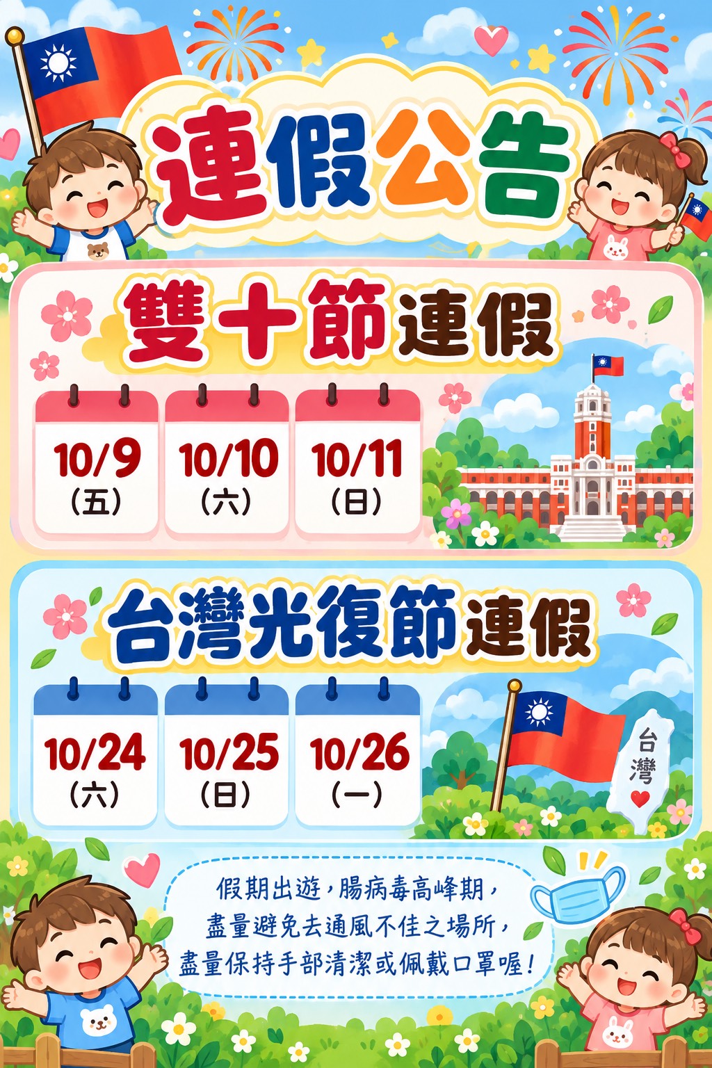 雙十節及光復節 連假公告 雙十節及光復節 連假公告